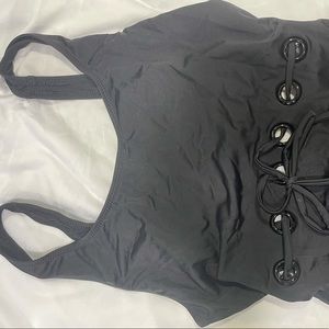 Solid&Stripped black one piece swimsuit, with built and low back